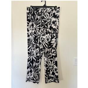 Messini Size 1X Tropical Black White Floral Hawaiian Elastic Waist Pull-On Pants